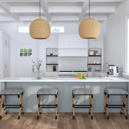 Braddock Counter Stool by Uttermost in navy, cream and iron. Made from mdf, farbic, iron, foam, rope in a coastal style.