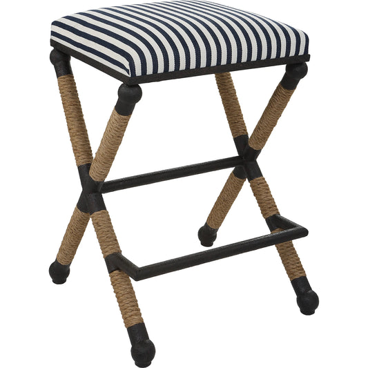 Braddock Counter Stool by Uttermost in navy, cream and iron. Made from mdf, farbic, iron, foam, rope in a coastal style.