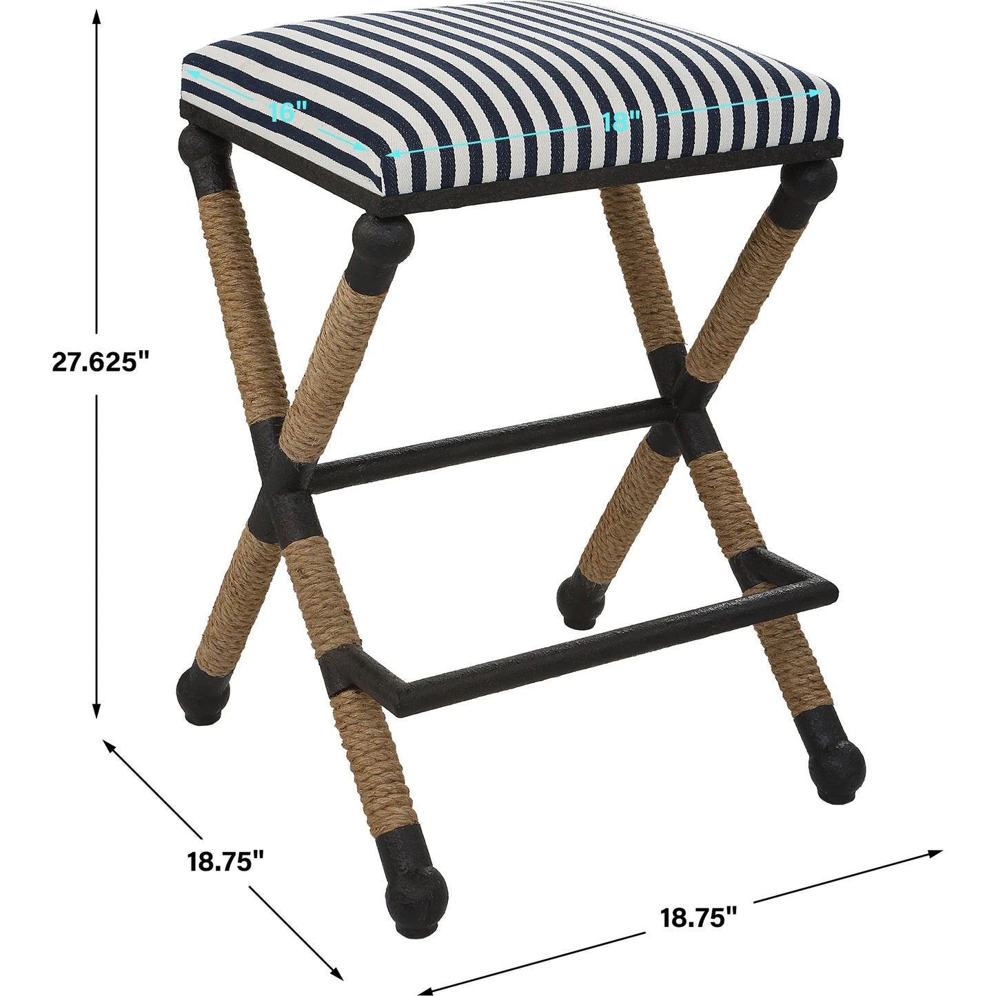 002 SI-1923688 | Additional Silo | Braddock Counter Stool by Uttermost in navy, cream and iron. Made from mdf, farbic, iron, foam, rope in a coastal style.
