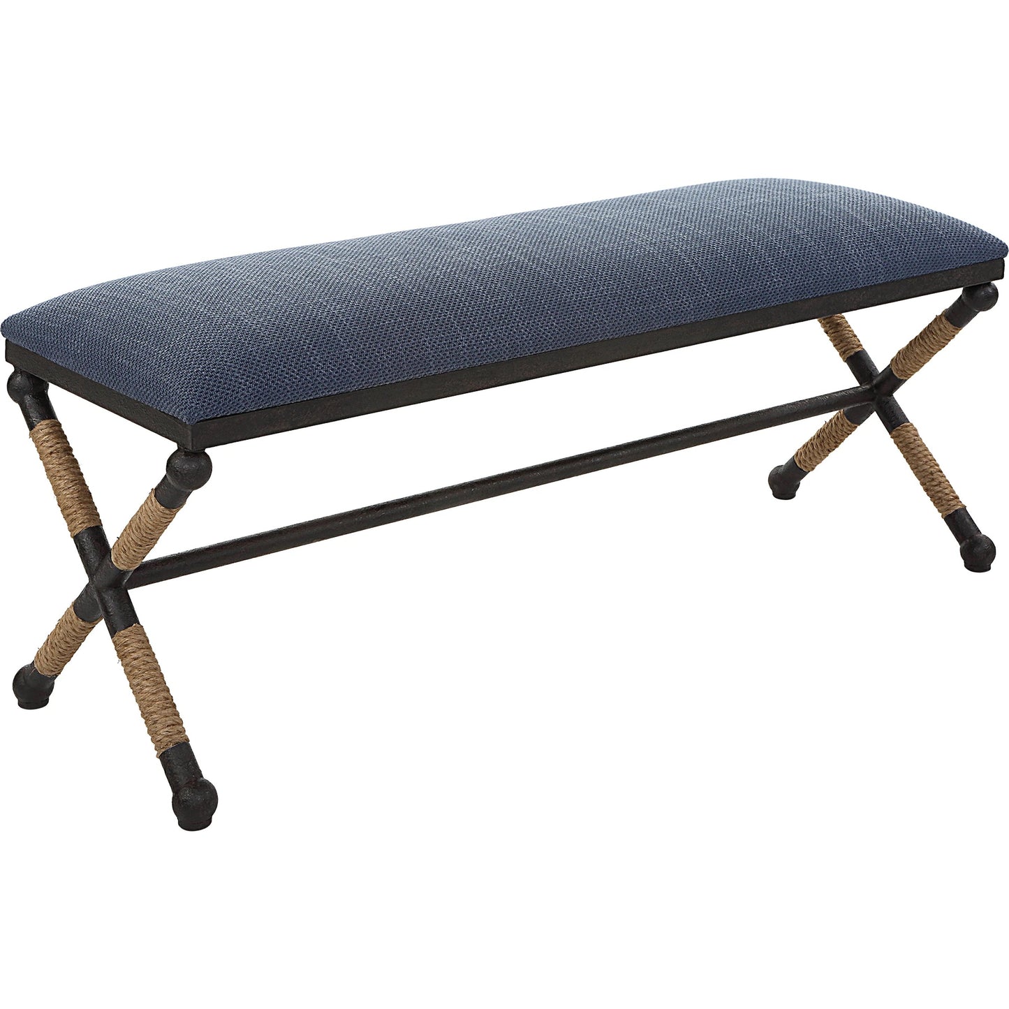 002 SI-1923690 | Additional Silo | Firth Rustic Navy Bench by Uttermost in black, natural. Made from mdf, foam, fabric, iron, rope in a coastal style.