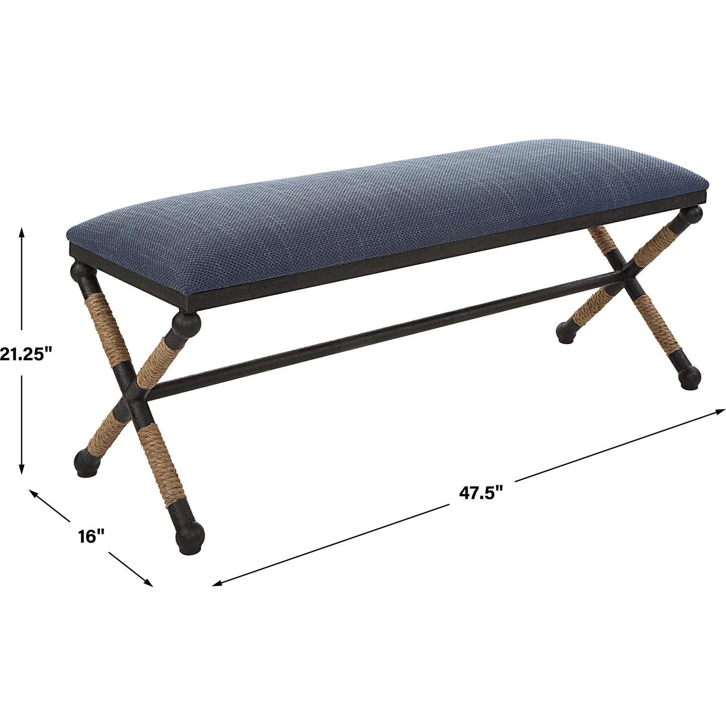 003 SI-1923690 | Additional Silo | Firth Rustic Navy Bench by Uttermost in black, natural. Made from mdf, foam, fabric, iron, rope in a coastal style.