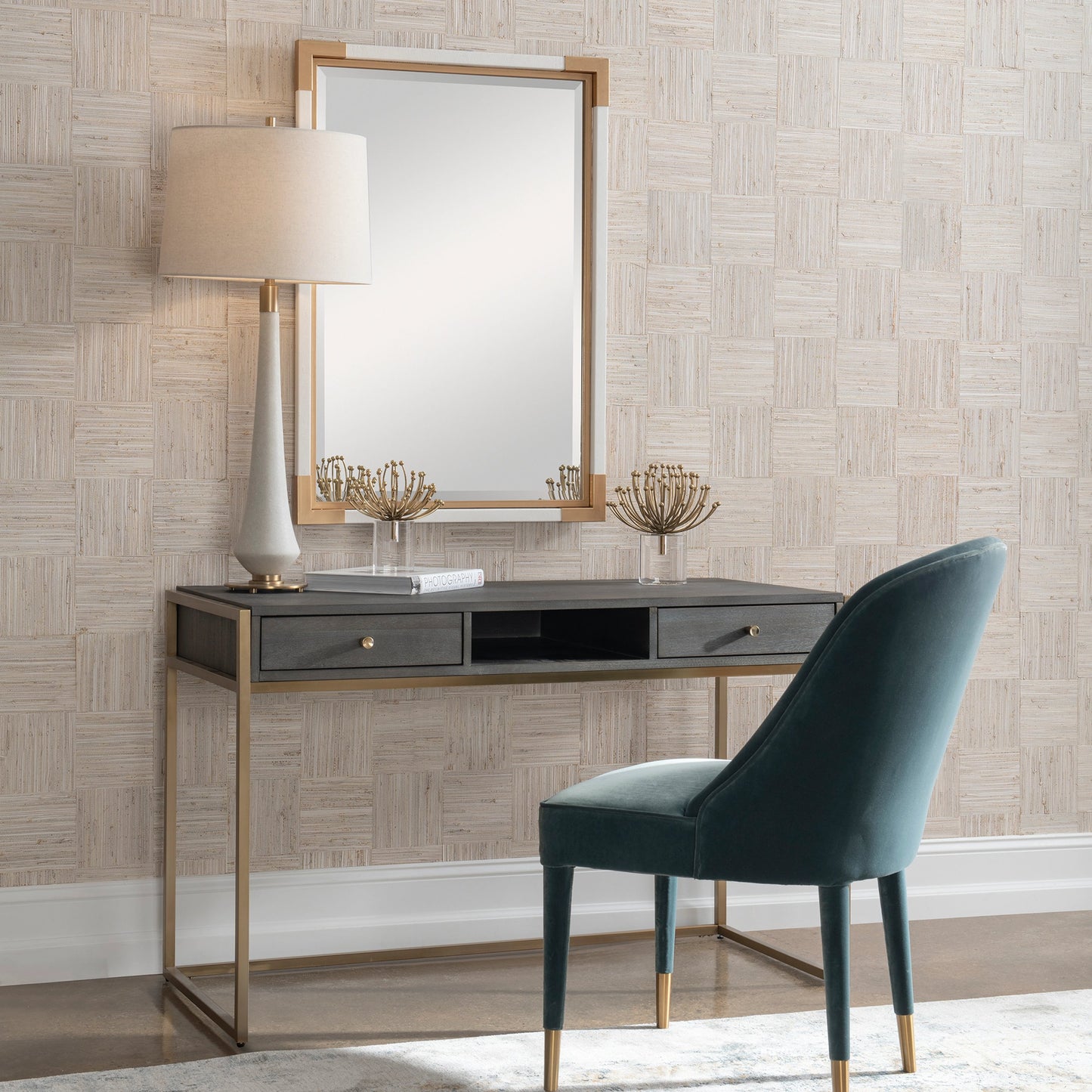 009 SI-1981341 | Lifestyle | Taja Writing Desk by Uttermost in dark walnut, gray. Made from mdf, acacia veneer, stainless steel in a modern style.