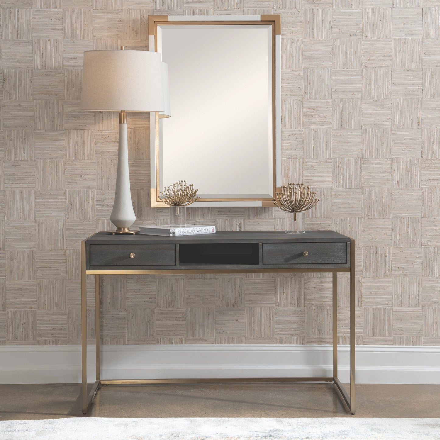 008 SI-1981341 | Lifestyle | Taja Writing Desk by Uttermost in dark walnut, gray. Made from mdf, acacia veneer, stainless steel in a modern style.