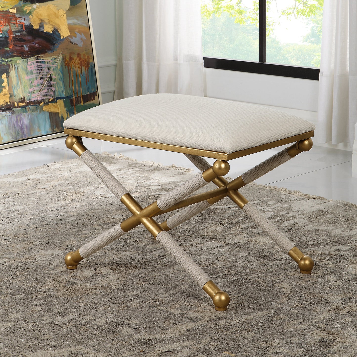 003 SI-1981309 | Lifestyle | Socialite Bench by Uttermost in white and gold leaf. Made from iron, mdf, fabric, foam, yarn in a modern style.