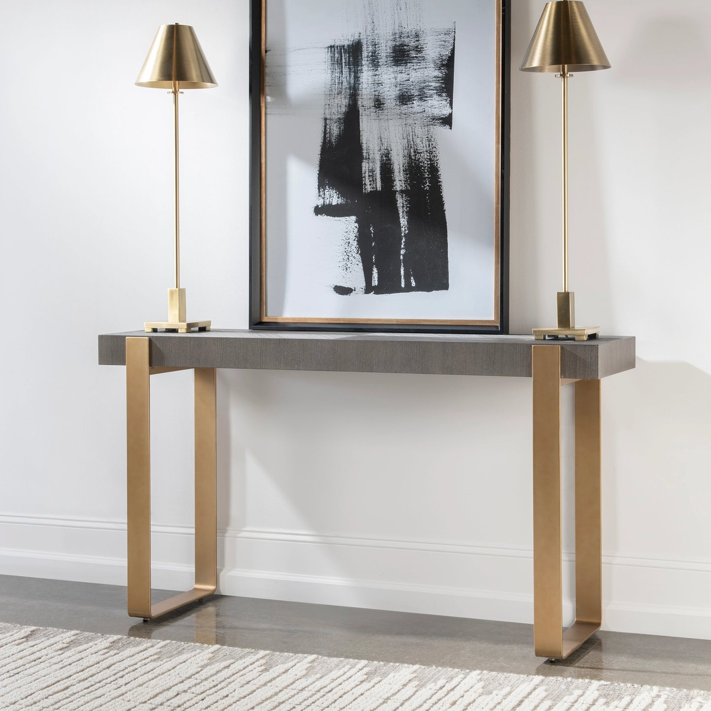 004 SI-1981358 | Lifestyle | Kea Console Table by Uttermost in gray, brushed brass. Made from mdf, ash veneer, iron in a modern style.