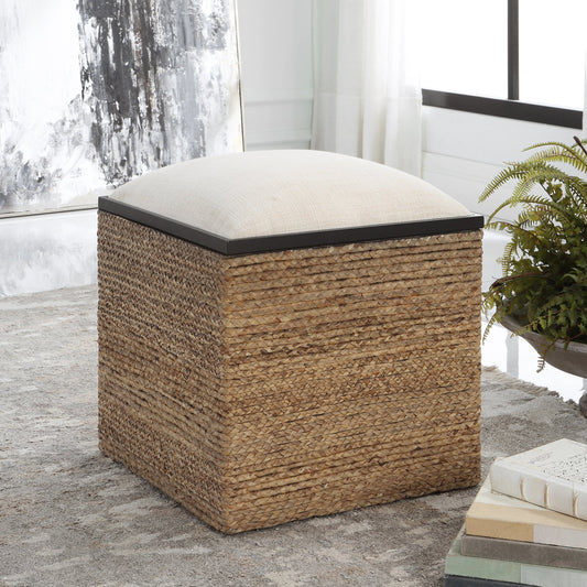 Island Square Accent Stool by Uttermost. Made from mdf, straw, iron, fir, foam, linen, dacron in a coastal style.