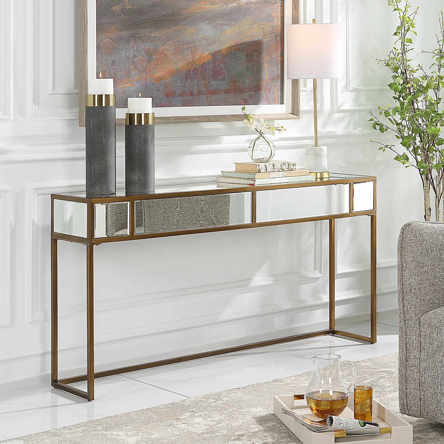 005 SI-1981368 | Lifestyle | Reflect Console Table by Uttermost in brushed aged gold. Made from iron, glass, mdf in a modern style.