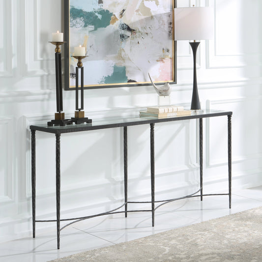 Washington Console Table by Uttermost in rustic black. Made from tempered glass, iron in a modern style.