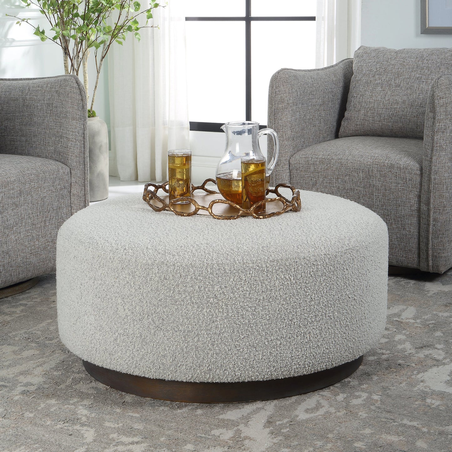 003 SI-1981315 | Lifestyle | Avila Large Ottoman by Uttermost in ivory, gray and walnut. Made from plywood, foam, fabric in a modern style.
