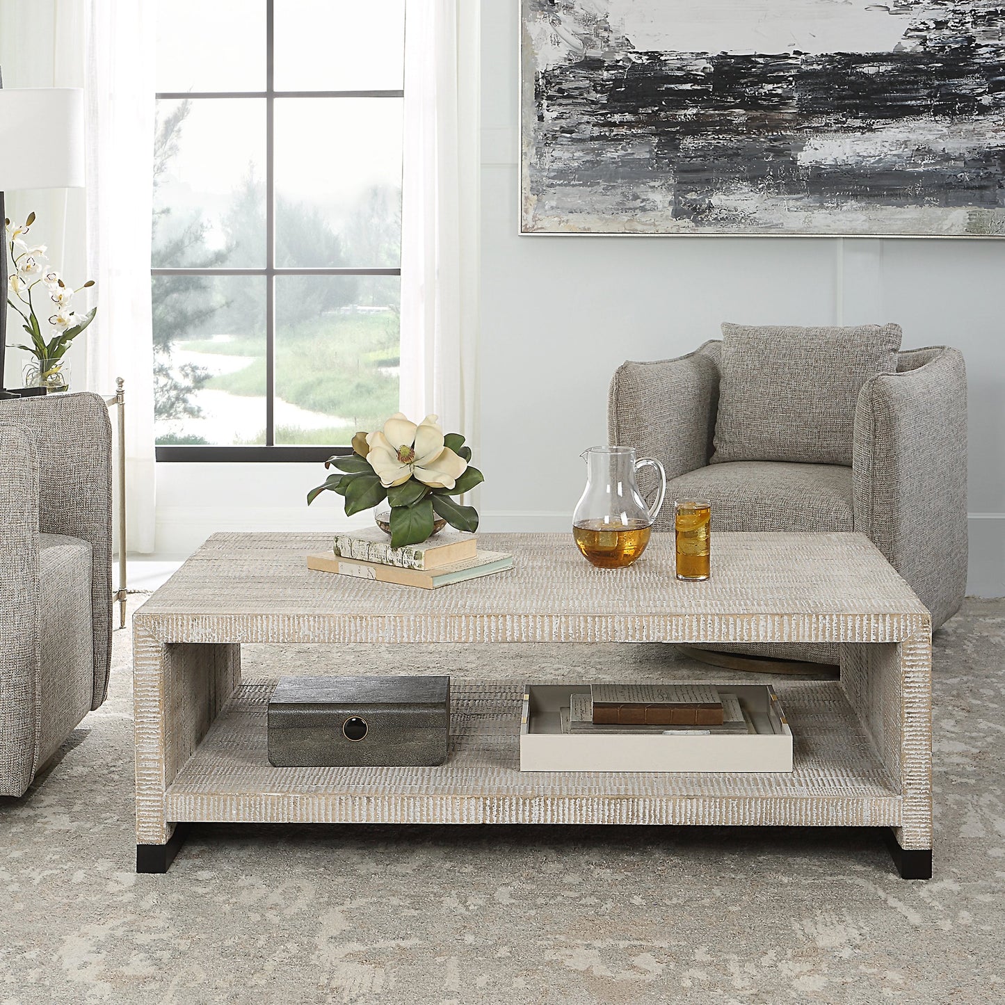 007 SI-1981367 | Lifestyle | Bosk Coffee Table by Uttermost in whitewash natural. Made from pine, fir, mdf, steel in a modern style.