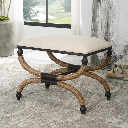 Icaria Bench by Uttermost in oatmeal and iron. Made from foam, mdf, fabric, iron, rope in a coastal style.