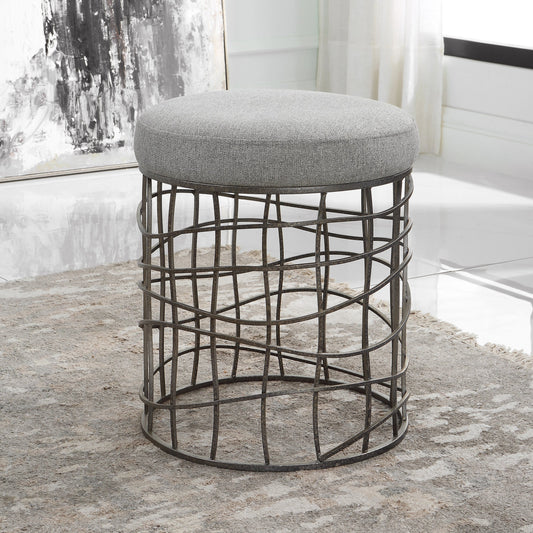 Carnival Accent Stool by Uttermost in gray and burnished silver. Made from iron, foam, fabric, mdf in a modern style.