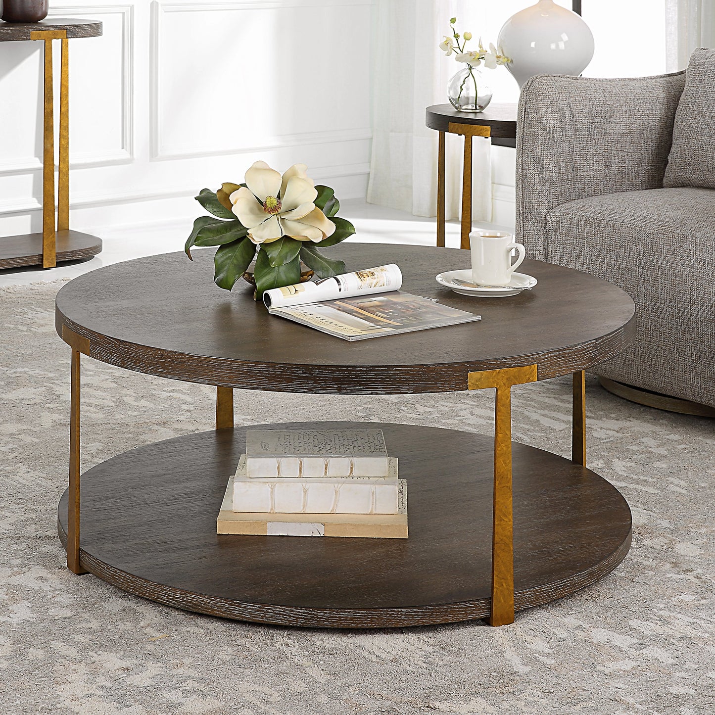 007 SI-1981380 | Lifestyle | Palisade Coffee Table by Uttermost in coffee, antique gold. Made from mdf, oak veneer, metal in a modern style.