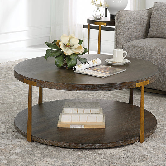 Palisade Coffee Table by Uttermost in coffee, antique gold. Made from mdf, oak veneer, metal in a modern style.