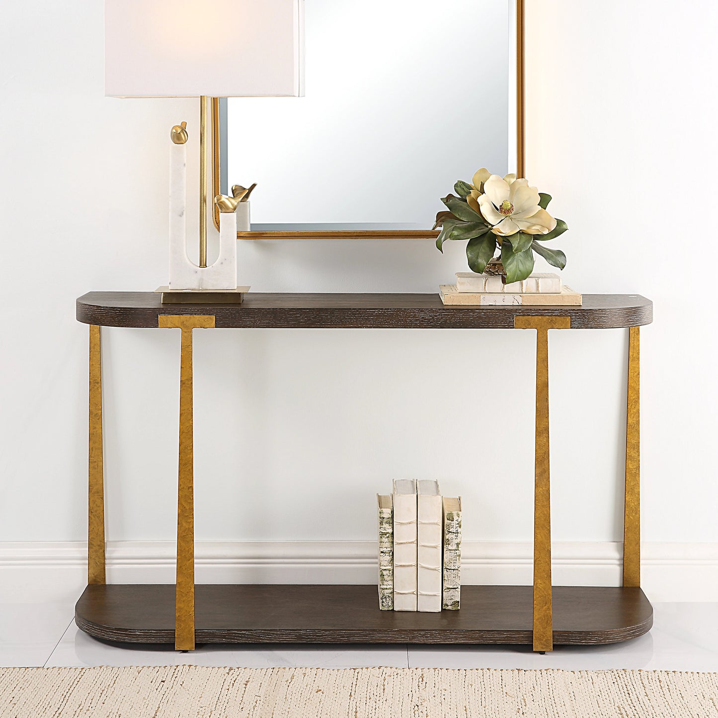 007 SI-1981381 | Lifestyle | Palisade Console Table by Uttermost in coffee, antique gold. Made from mdf, oak veneer, metal in a modern style.