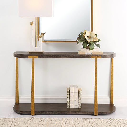 Palisade Console Table by Uttermost in coffee, antique gold. Made from mdf, oak veneer, metal in a modern style.