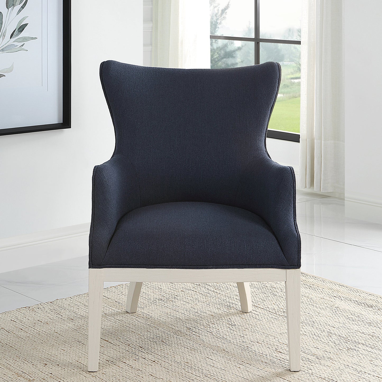 010 SI-1981325 | Lifestyle | Gordonston Accent Chair by Uttermost in blue and blue. Made from rubber wood, plywood, plyfoam, fabric in a modern style.