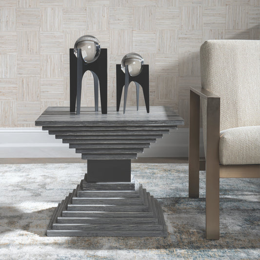 Andes Geometric Accent Table by Uttermost in medium gray. Made from fir wood, stainlesss steel, plywood in a modern style.