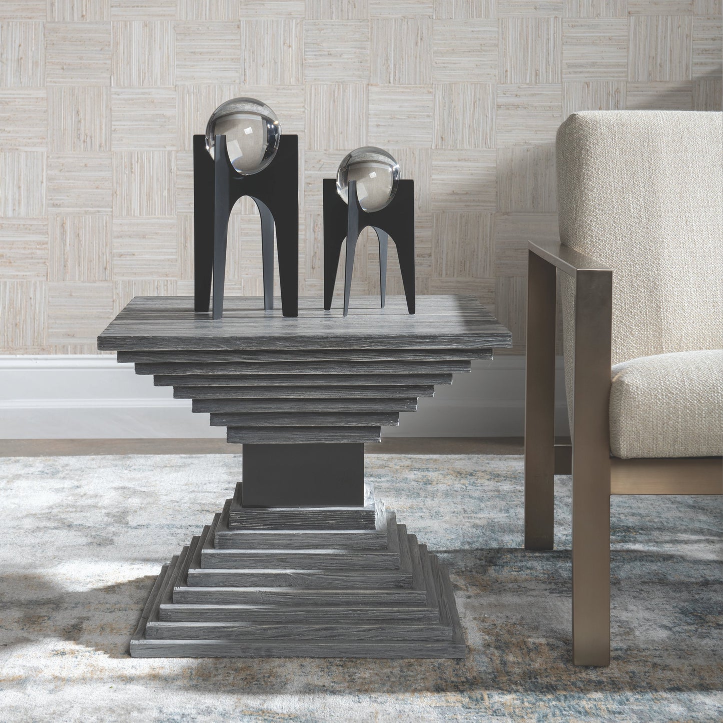 003 SI-1981370 | Lifestyle | Andes Geometric Accent Table by Uttermost in medium gray. Made from fir wood, stainlesss steel, plywood in a modern style.