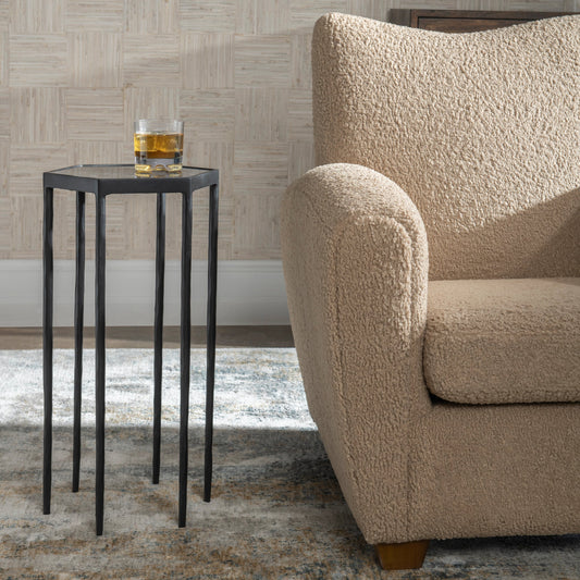 Aviary Hexagonal Accent Table by Uttermost in satin black, honed black marble. Made from marble, iron in a modern style.