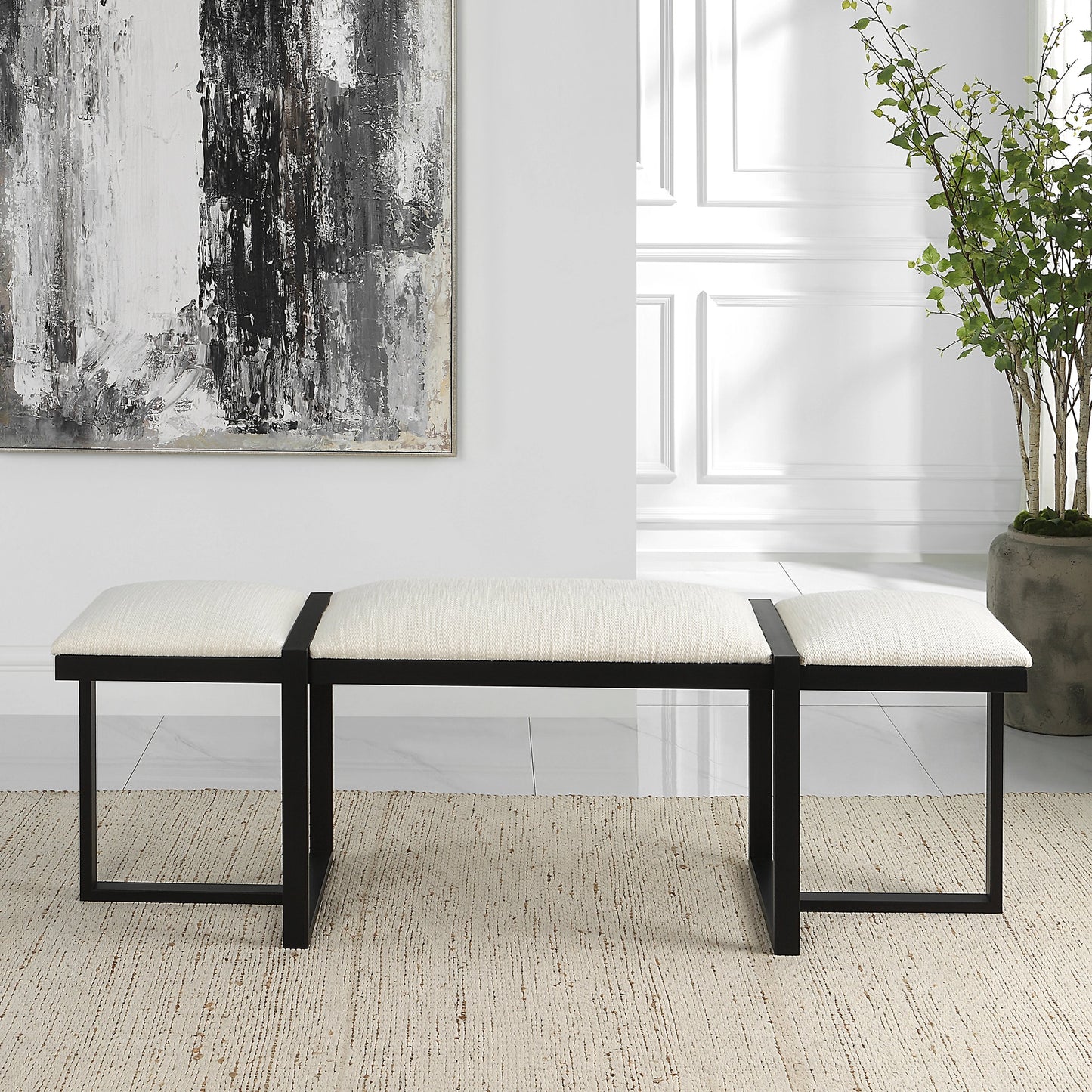 008 SI-1981332 | Lifestyle | Triple Cloud Bench by Uttermost in white and black. Made from iron, mdf, polyester, foam in a modern style.