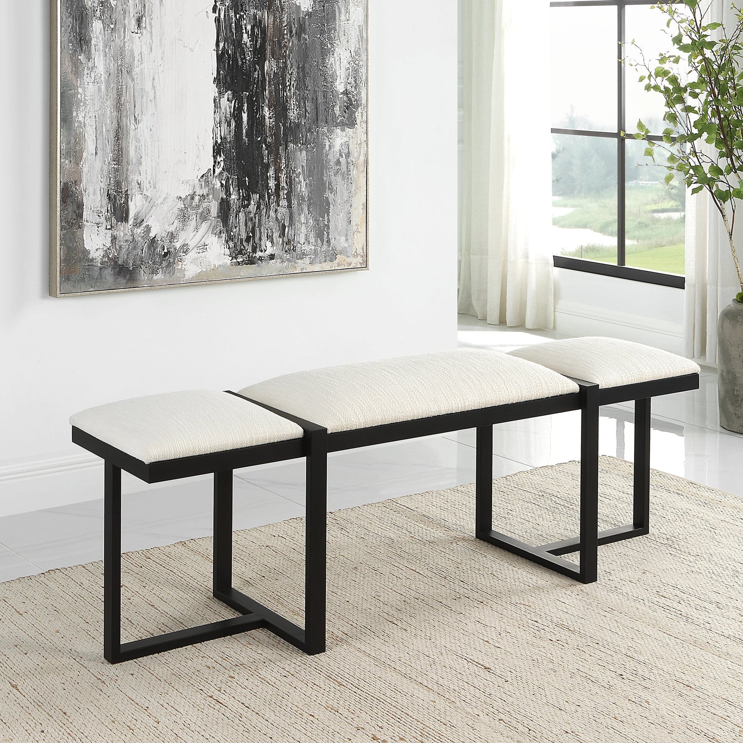 003 SI-1981332 | Lifestyle | Triple Cloud Bench by Uttermost in white and black. Made from iron, mdf, polyester, foam in a modern style.