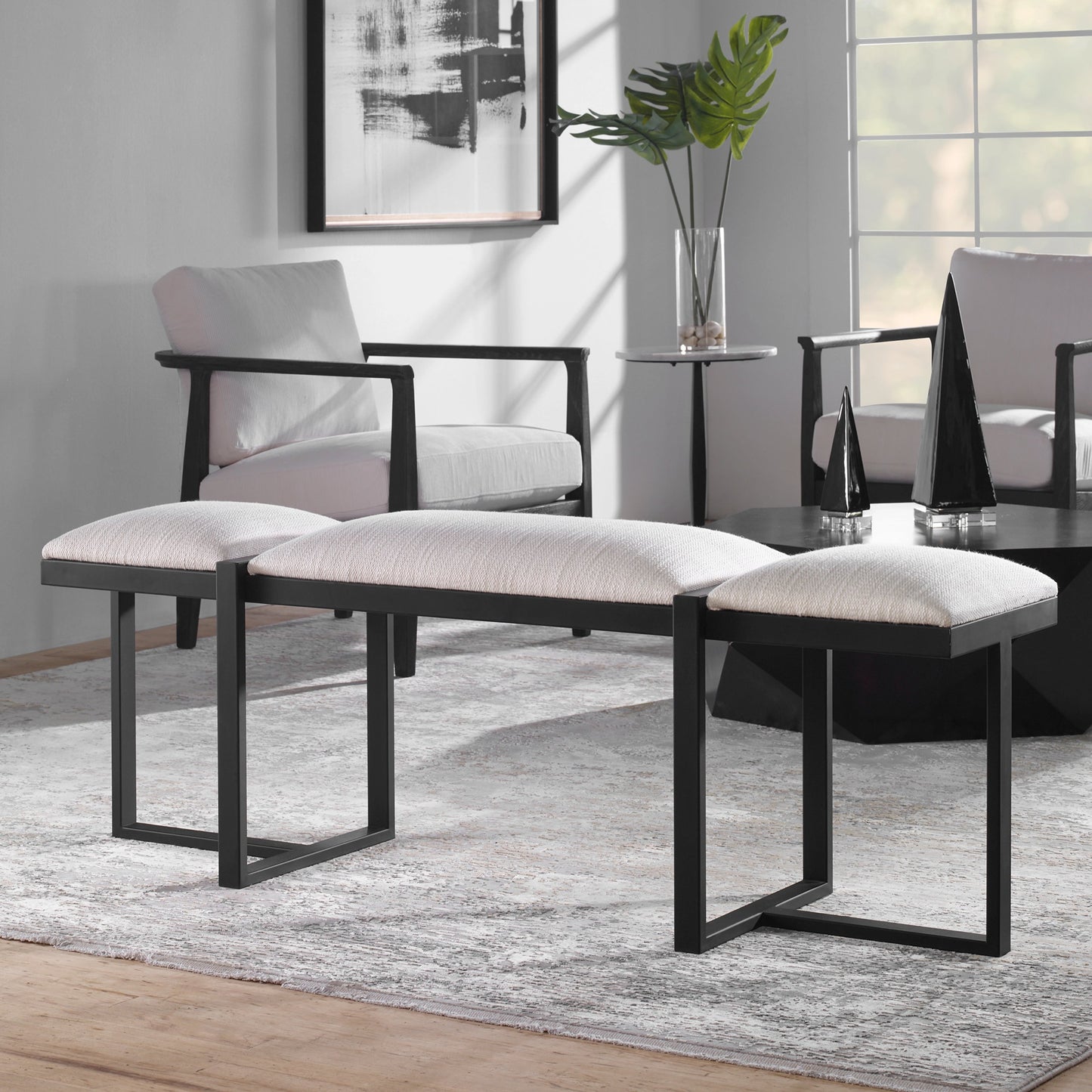 006 SI-1981332 | Lifestyle | Triple Cloud Bench by Uttermost in white and black. Made from iron, mdf, polyester, foam in a modern style.