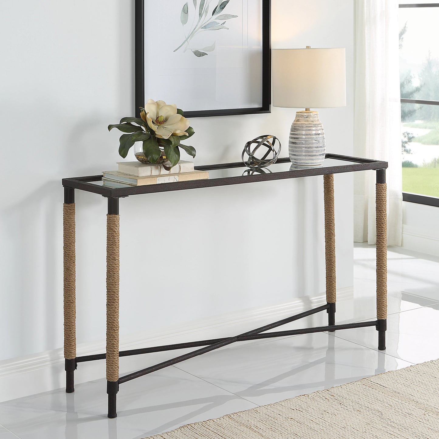 009 SI-1981284 | Lifestyle | Braddock Console Table by Uttermost in natural, iron. Made from iron, mdf, mirror, rope in a modern style.