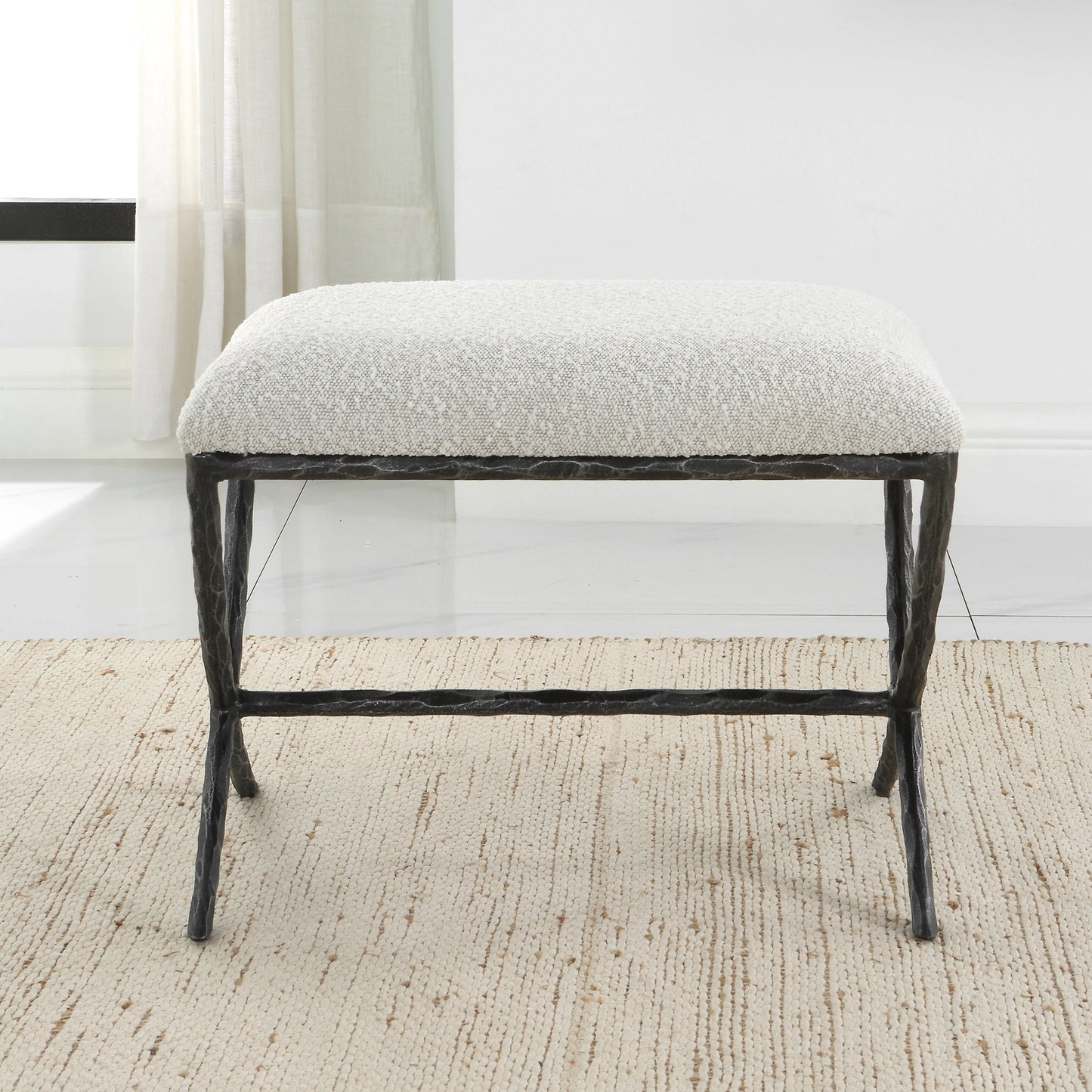 008 SI-1981323 | Lifestyle | Brisby Fabric Bench by Uttermost in ivory, gray and charcoal. Made from cast iron, mdf, foam, fabric in a modern style.