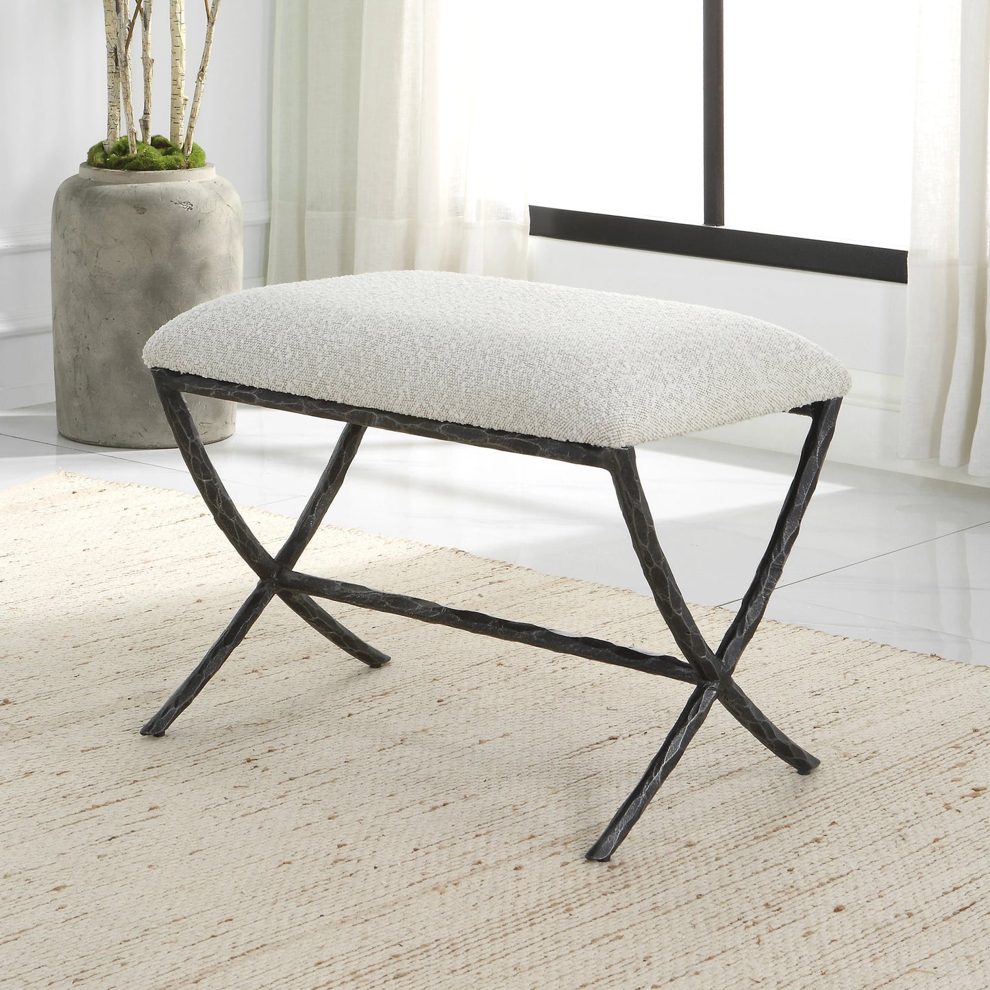 007 SI-1981323 | Lifestyle | Brisby Fabric Bench by Uttermost in ivory, gray and charcoal. Made from cast iron, mdf, foam, fabric in a modern style.