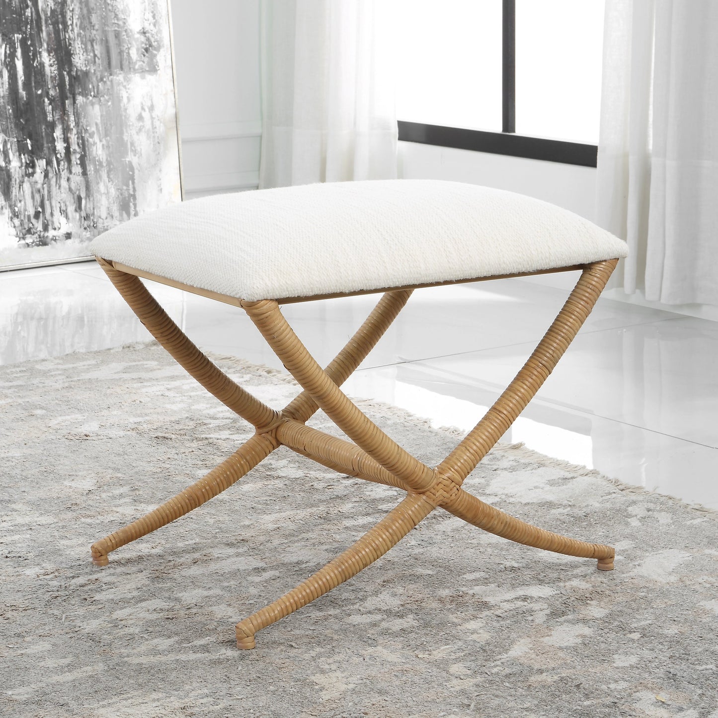 005 SI-1981324 | Lifestyle | Expedition Bench by Uttermost in white. Made from iron, rattan, mdf, foam, fabric in a coastal style.