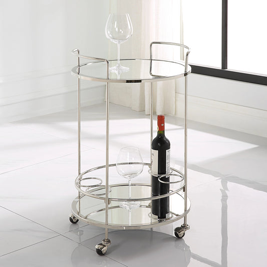 Spritz Bar Cart by Uttermost in polished chrome. Made from steel, mirror, mdf in a modern style.