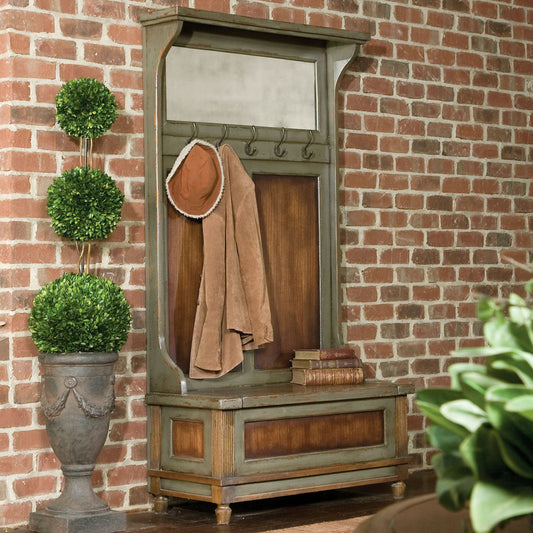 Riyo Distressed Hall Tree by Uttermost. Made from mahogany wood with mdf in a cottage & farmhouse style.