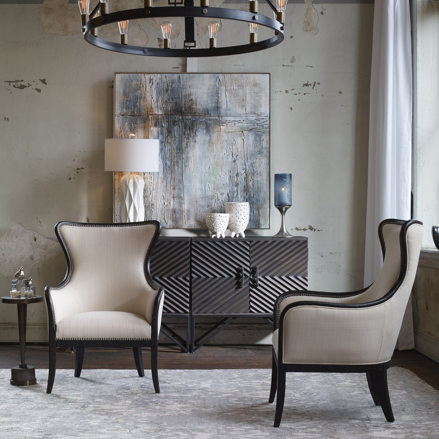014 S-252810 | Lifestyle | Sandy Wing Back Armchair by Uttermost. Made from wood, foam, fabric in a cottage & farmhouse style.