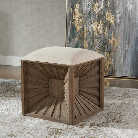 Jia Wooden Ottoman by Uttermost. Made from mdf, fir, linen, foam in a cottage & farmhouse style.