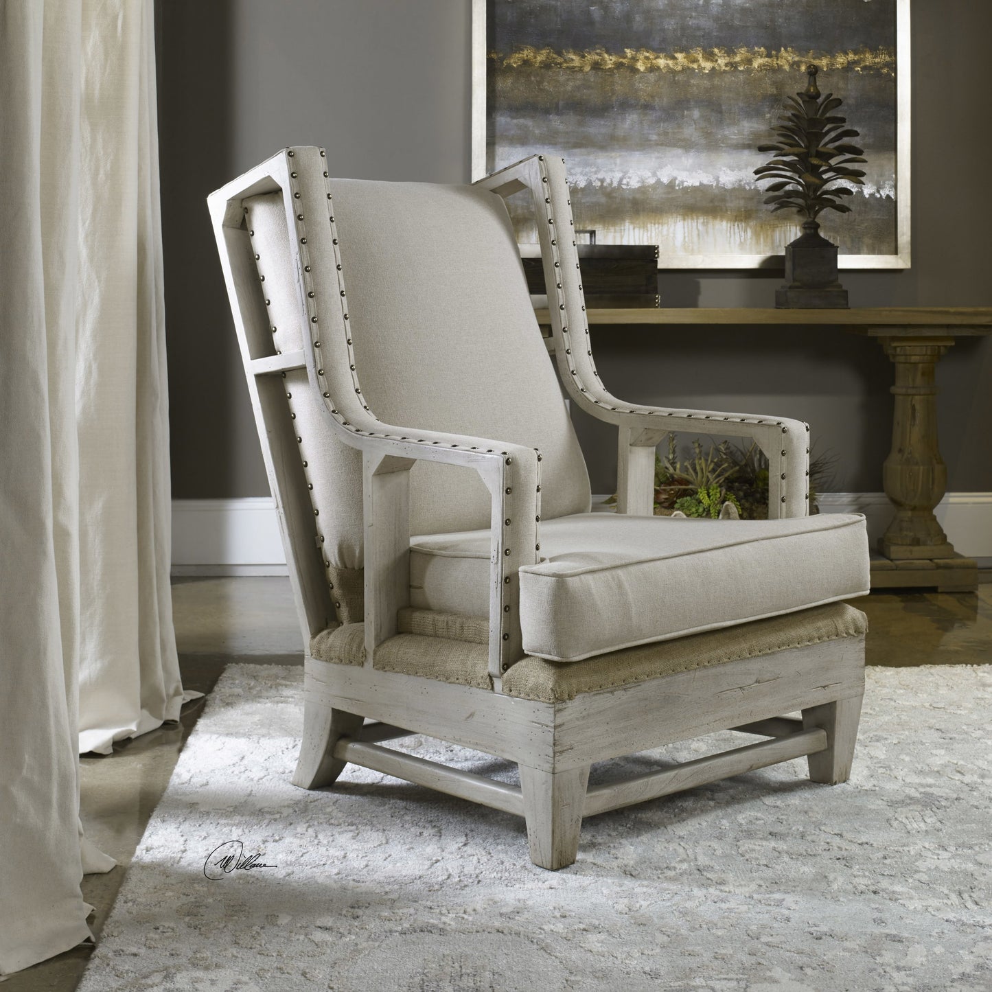 004 S-252927 | Additional Silo | Schafer Armchair by Uttermost. Made from mahogany wood with foam, fabric in a cottage & farmhouse style.