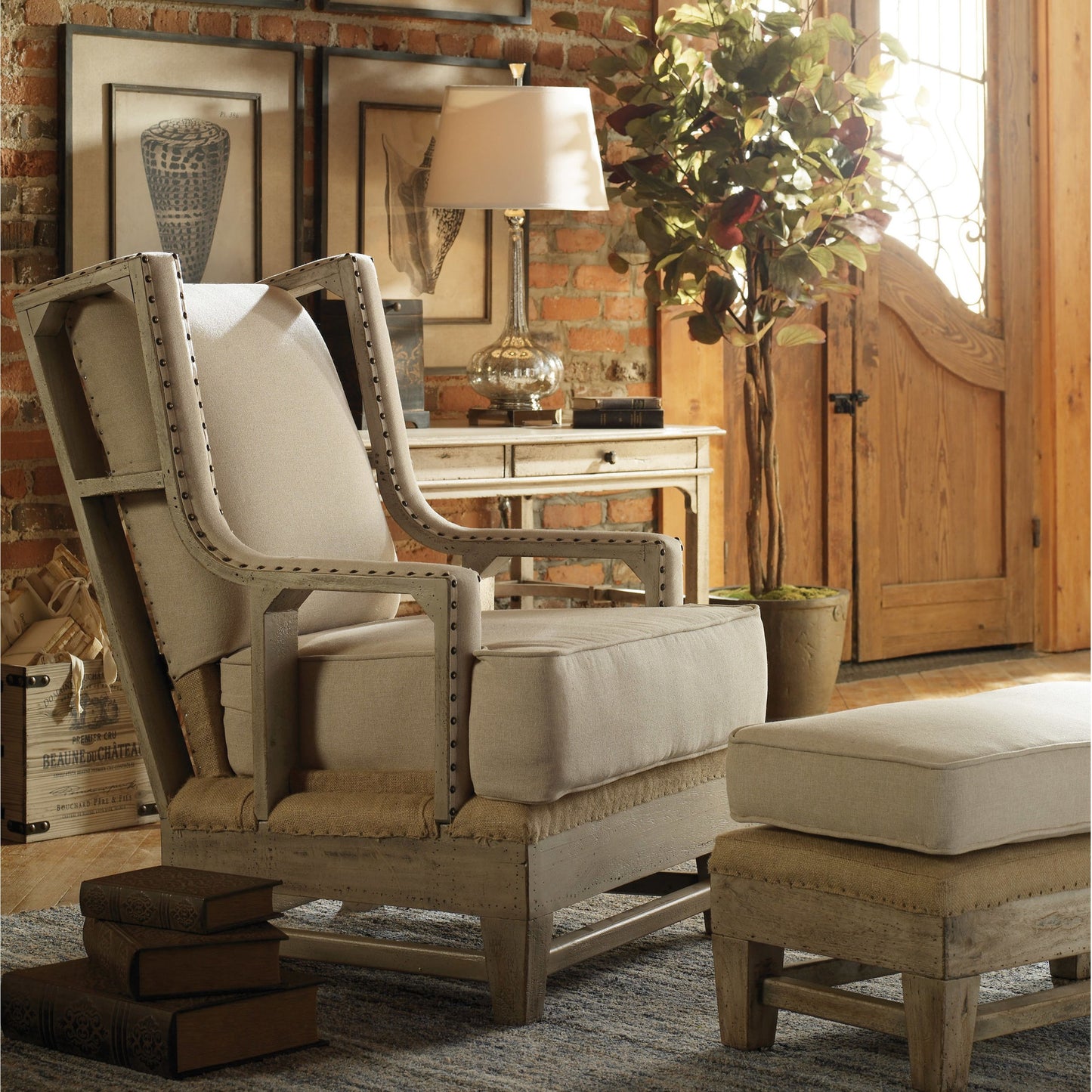 003 S-252927 | Additional Silo | Schafer Armchair by Uttermost. Made from mahogany wood with foam, fabric in a cottage & farmhouse style.