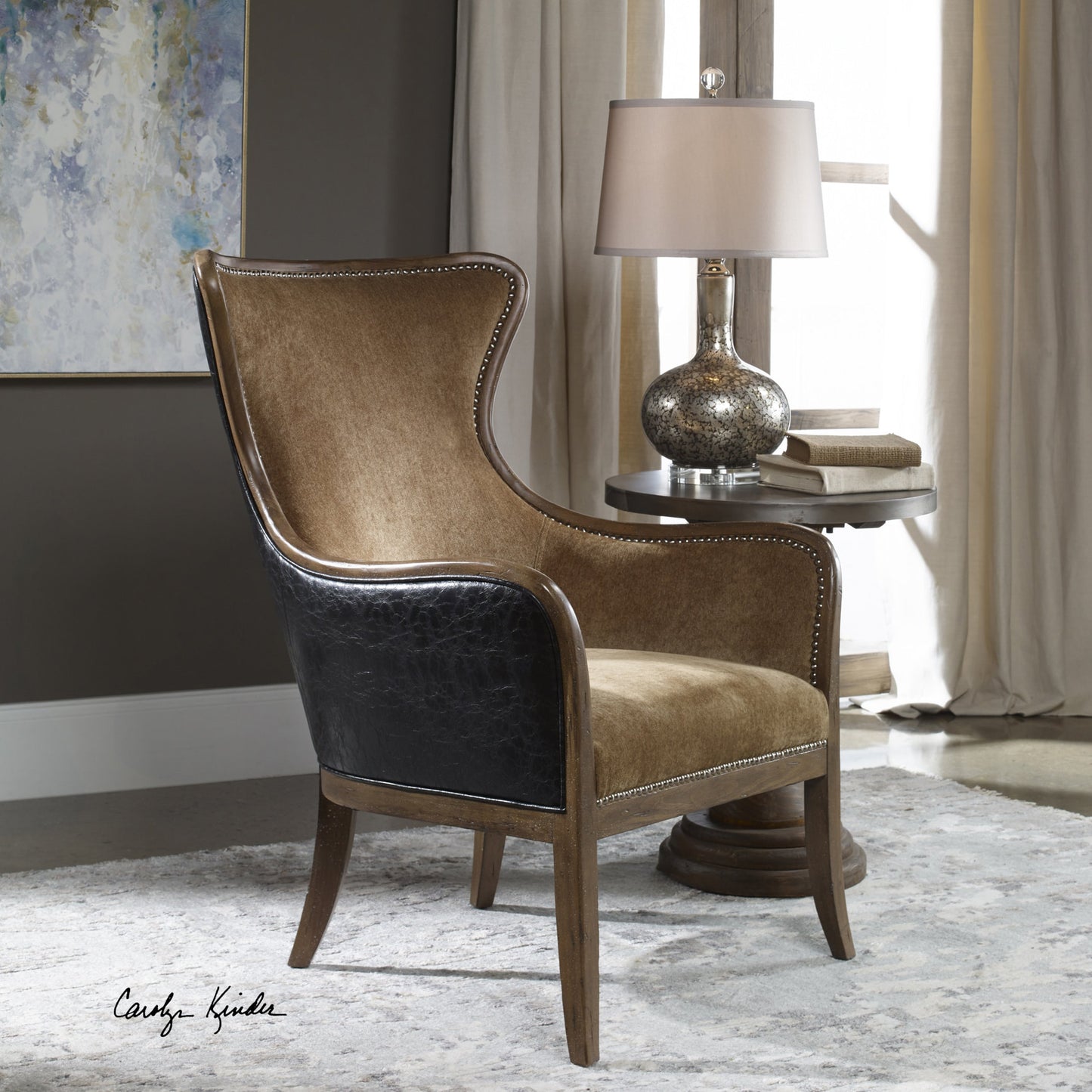 004 S-252824 | Additional Silo | Snowden Tan Wing Chair by Uttermost. Made from wood, foam, fabric, pu leather in a cottage & farmhouse style.
