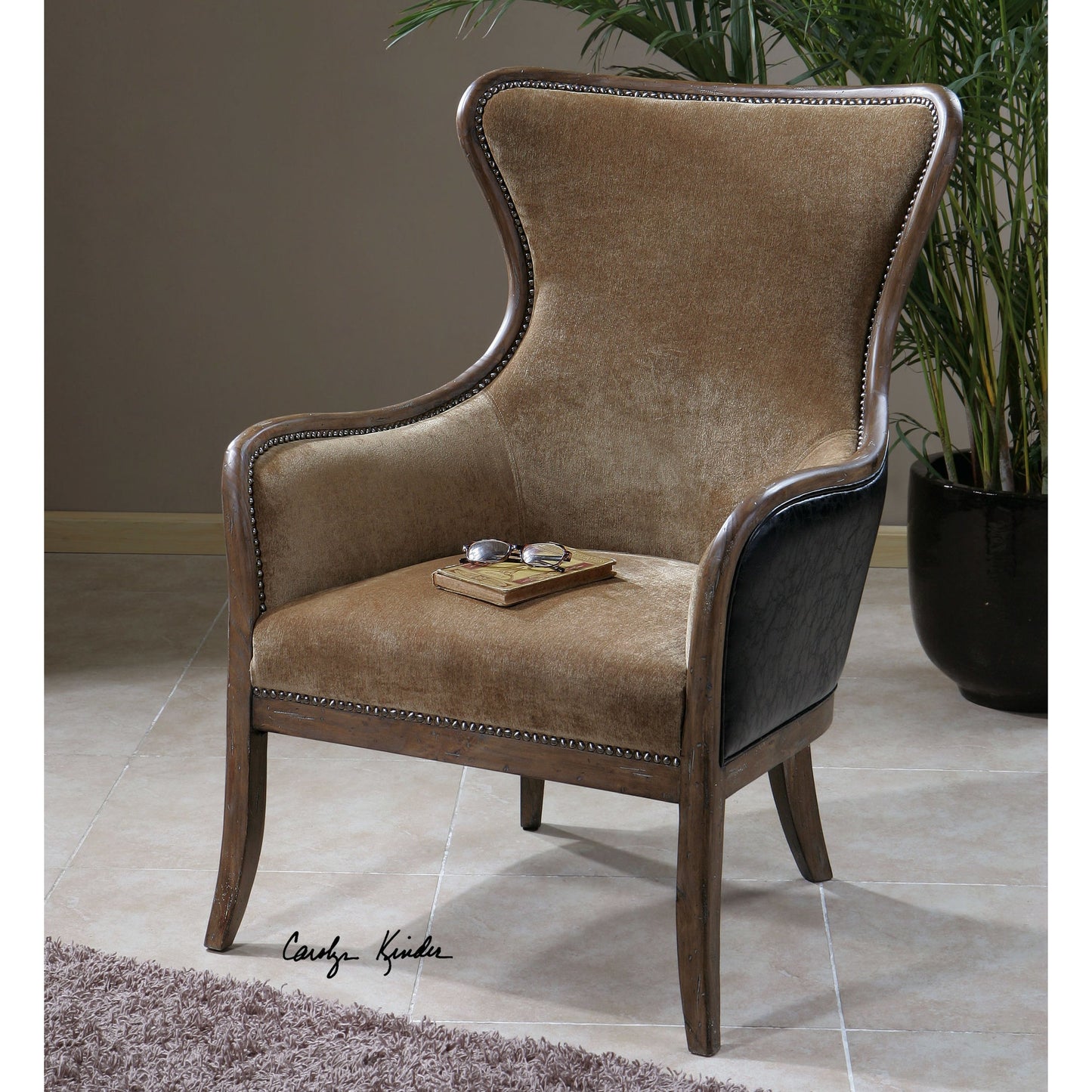 003 S-252824 | Additional Silo | Snowden Tan Wing Chair by Uttermost. Made from wood, foam, fabric, pu leather in a cottage & farmhouse style.