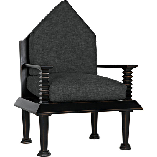 Resurrection Chair by Noir in hand rubbed black. Made from mahogany and grey fabric in a traditional style.
