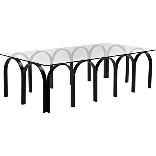 Arcus Coffee Table by Noir in matte black. Made from industrial steel and glass in a modern style.