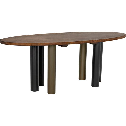 Journal Oval Dining Table by Noir in dark walnut, matte black, aged brass. Made from walnut and industrial steel in a modern style.