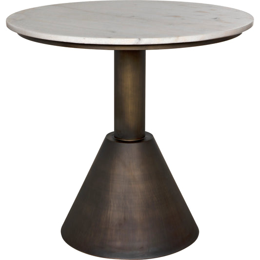 Joseph Side Table by Noir in aged brass. Made from industrial steel and white marble in a modern style.