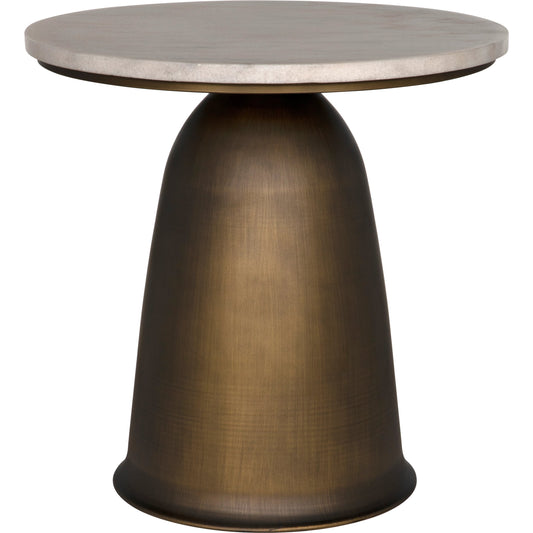 Aiden Side Table by Noir in aged brass. Made from industrial steel and white marble in a modern style.