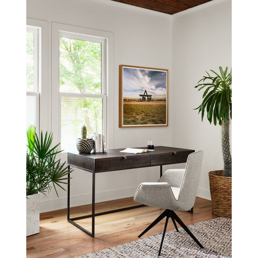 Kelby Writing Desk by Four Hands in aged brass, carved vintage brown, vintage brown, gunmetal and vintage brown. Made from solid mango, iron in a modern style.