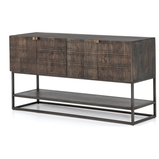 001 SR-809914 | Primary Silo | Kelby Small Media Cabinet by Four Hands in gunmetal, light wash mango, aged brass, light wash carved mango. Made from solid mango, iron in a modern style.