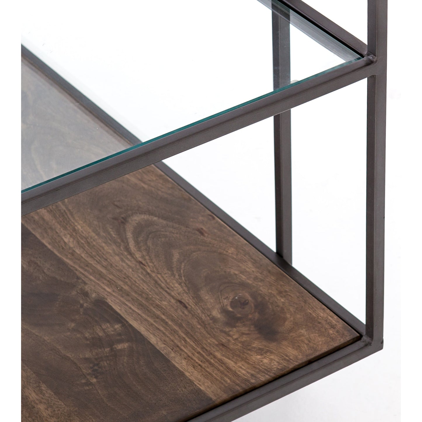 006 SR-368911 | Additional Silo | Byron Media Console by Four Hands in aged brown, dark iron, tempered glass. Made from iron, tempered glass, solid mango in a modern style.