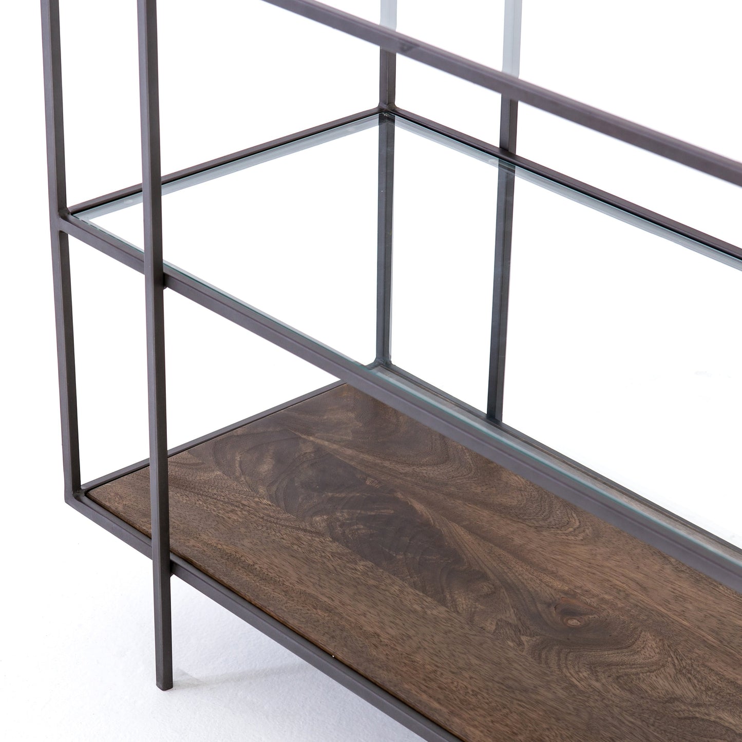 008 SR-368911 | Additional Silo | Byron Media Console by Four Hands in aged brown, dark iron, tempered glass. Made from iron, tempered glass, solid mango in a modern style.