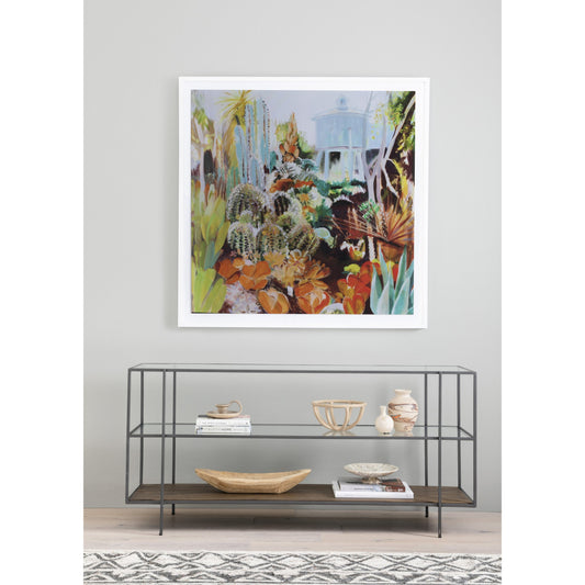 Byron Media Console by Four Hands in aged brown, dark iron, tempered glass. Made from iron, tempered glass, solid mango in a modern style.