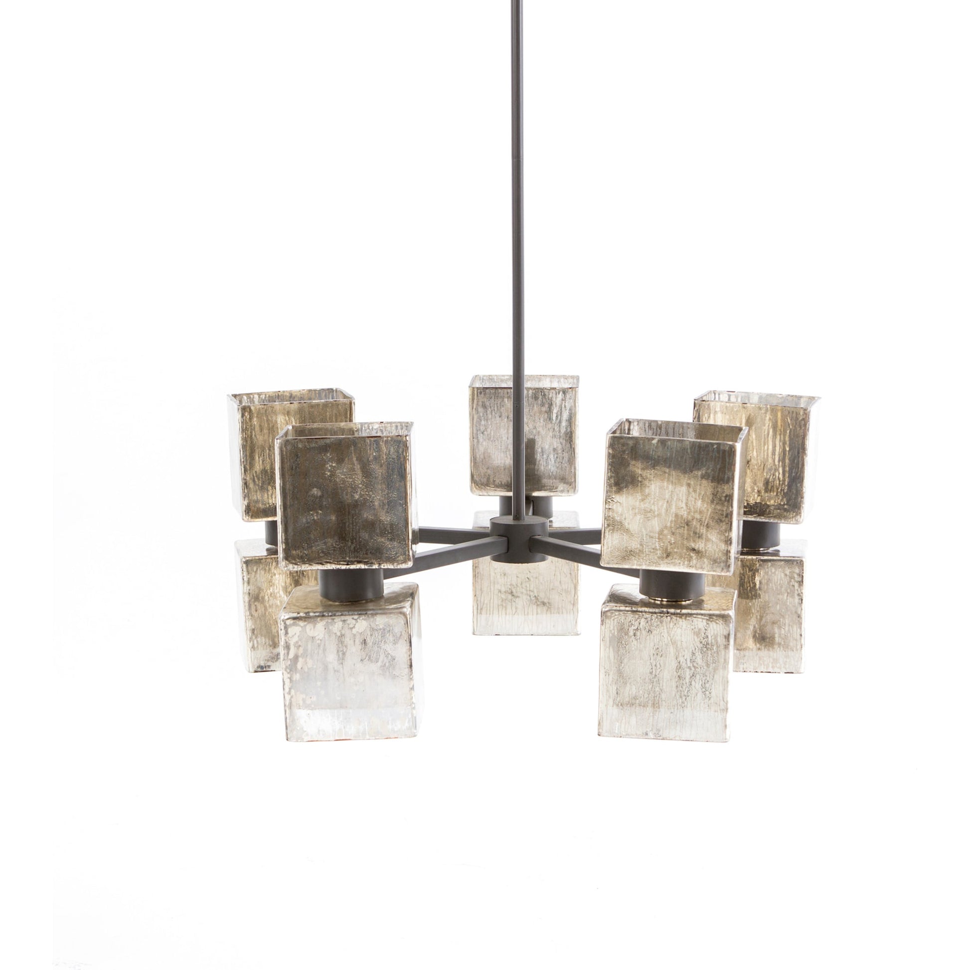 Ava Large Chandelier by Four Hands in antiqued iron, aged metallic glass. Made from iron, glass in a modern style.